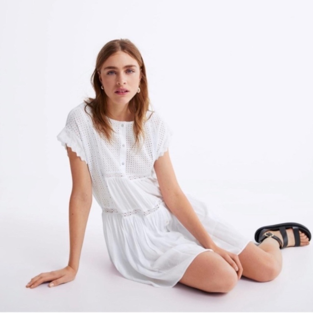 Zara White Eyelet Mini Dress with Button Front